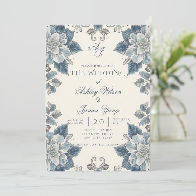 Convite de Casamento Botânico Floral Azul Elegante (Em pé/Frente)