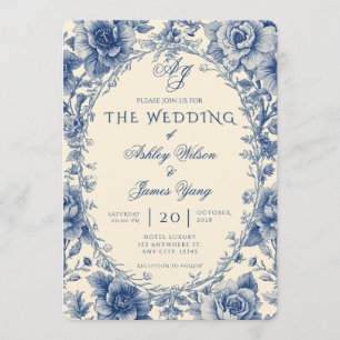Convite de Casamento Botânico Floral Azul Elegante