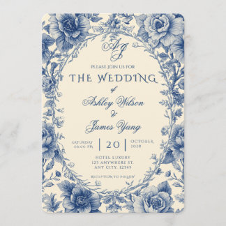 Convite de Casamento Botânico Floral Azul Elegante