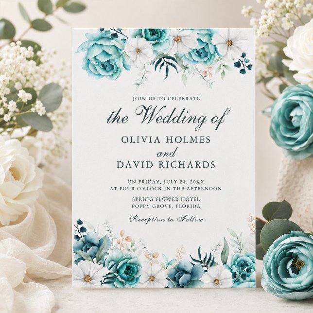 Convite de Casamento Botânico Floral Azul Turquesa (Modern Teal Floral Botanical Wedding Invitation)