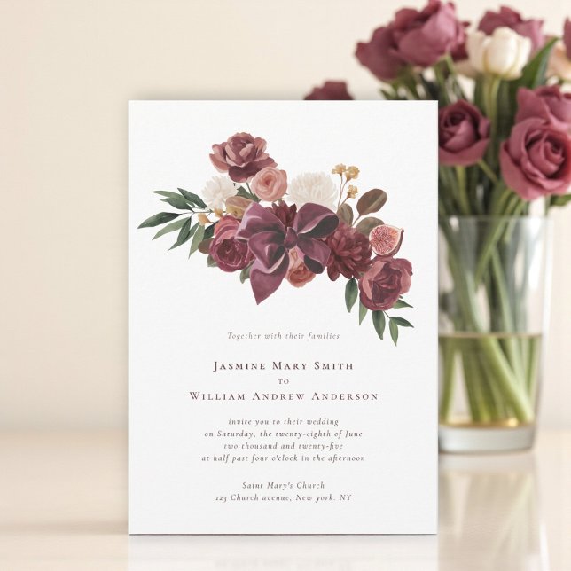 Convite de Casamento Botânico Floral Burgundy Eleg (Criador carregado)
