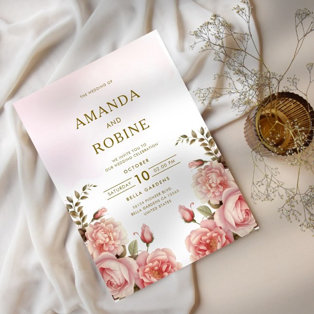Convite De Casamento Botânico Floral Cor-De-Rosa E (Criador carregado)