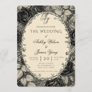 Convite de Casamento Botânico Floral Preto Elegant