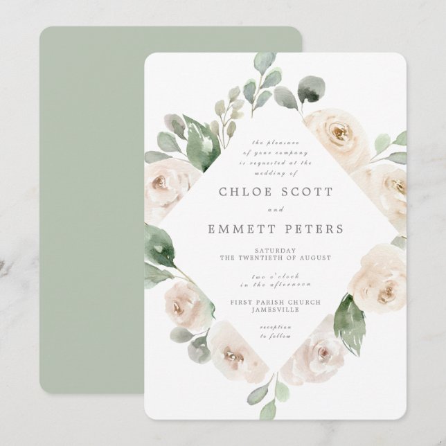 Convite De Casamento Botânico Floral Rosa Branca (Frente/Verso)