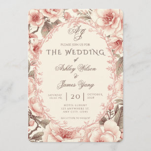 Convite de Casamento Botânico Floral Rosa Elegante