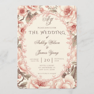 Convite de Casamento Botânico Floral Rosa Elegante