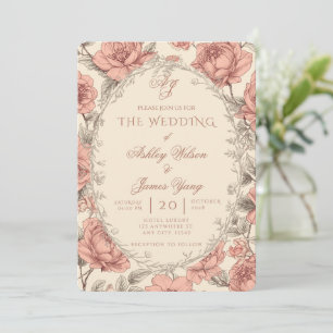 Convite de Casamento Botânico Floral Rosa Elegante
