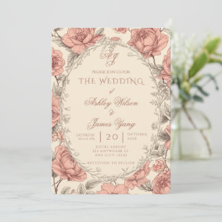 Convite de Casamento Botânico Floral Rosa Elegante
