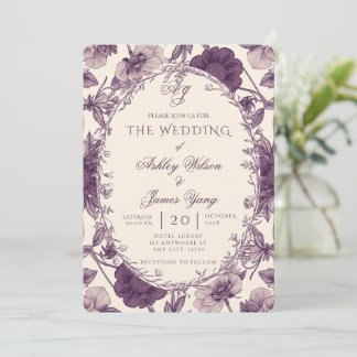 Convite de Casamento Botânico Floral Roxo Elegante