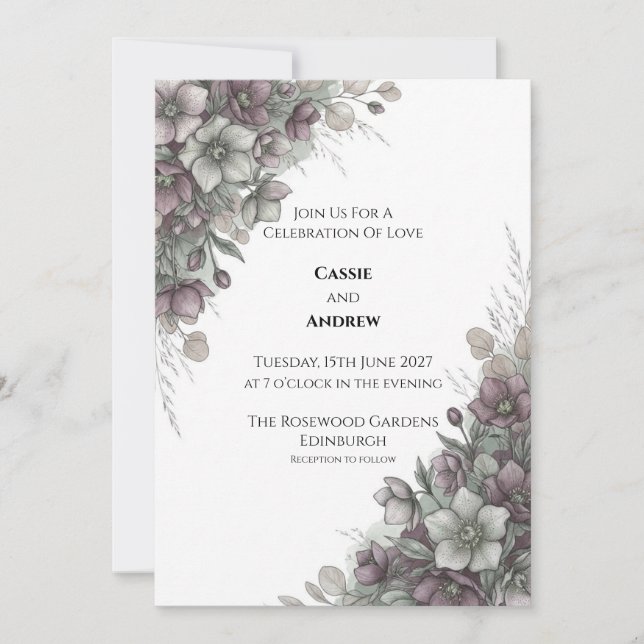 Convite de Casamento Botânico Hellebore Mauve (Frente)