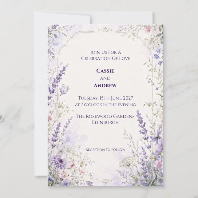 Convite de Casamento Botânico Lavanda Azul (Frente)