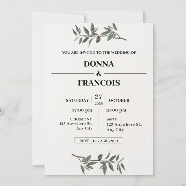 Convite de Casamento Botânico Minimalista com Ramo (Frente)