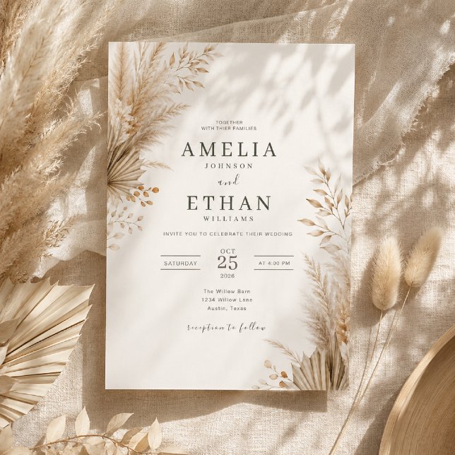 Convite de Casamento Botânico Pampas Neutro (Neutral Pampas Botanical invitation with elegant boho florals and timeless earthy tones.)