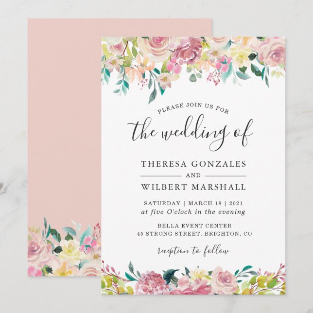 Convite de Casamento Botânico Pastel Blush (Frente/Verso)