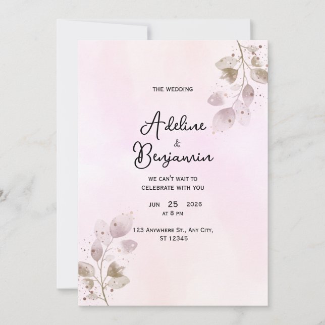Convite de Casamento Botânico Rosa Poeirento Elega (Frente)