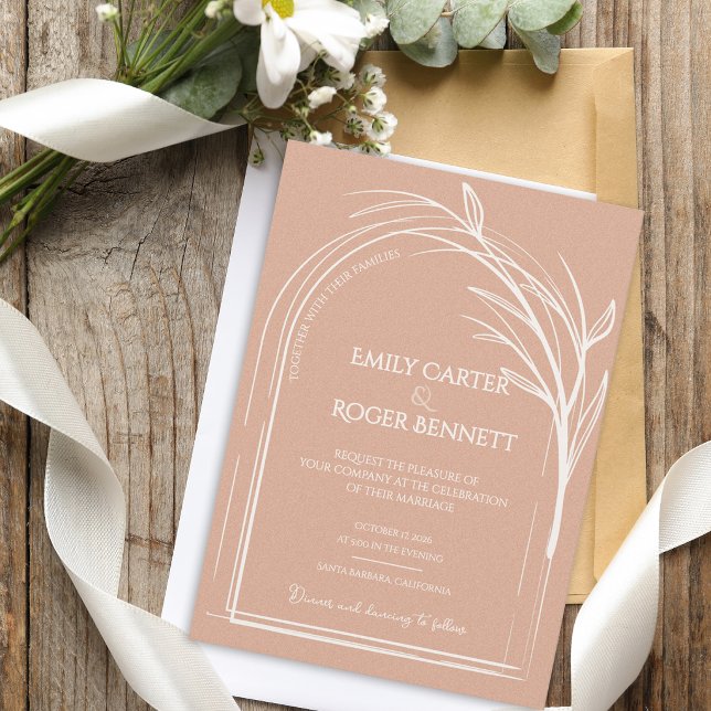 Convite de Casamento Botânico Rosa Poeirento Minim (Dusty Rose Minimalist Arch Botanical Wedding Invitation Flat Card | Romantic Elegant Wedding Invite)