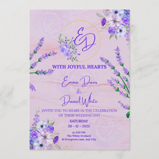 Convite de Casamento Botânico Roxo Elegante (Frente)