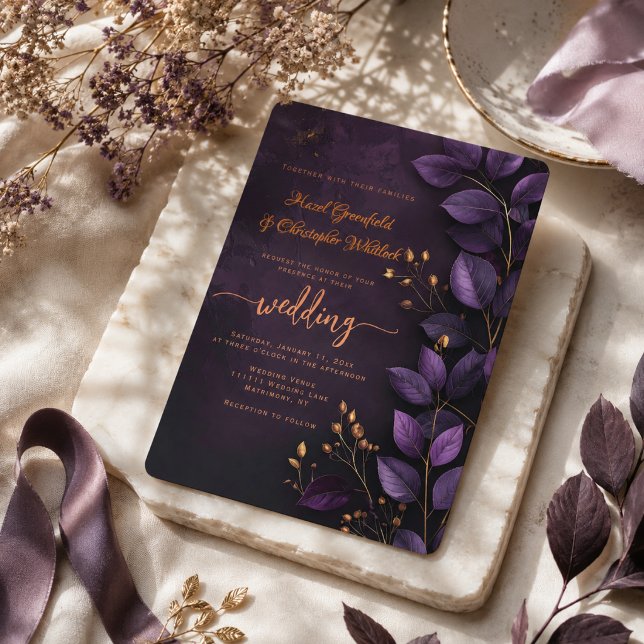 Convite de Casamento Botânico Roxo Elegante (Criador carregado)