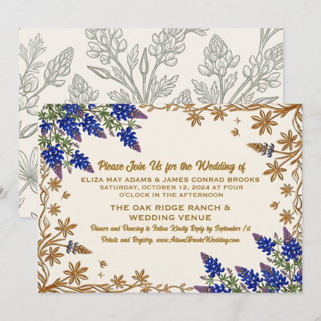 Convite de Casamento Botânico Texas Bluebonnet (Frente/Verso)