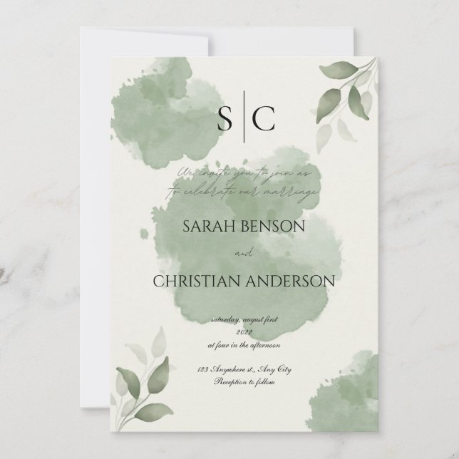 Convite de Casamento Botânico Verde Minimalista (Frente)