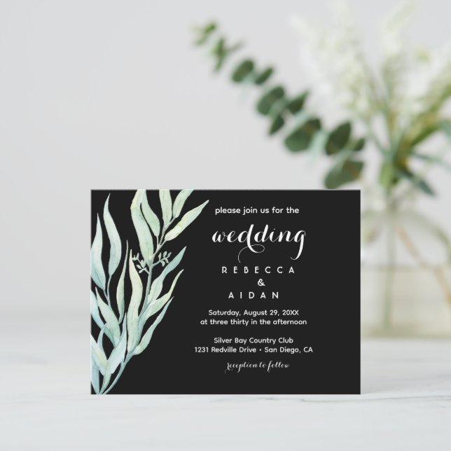 Convite de Casamento Botânico Verde Preto (Em pé/Frente)