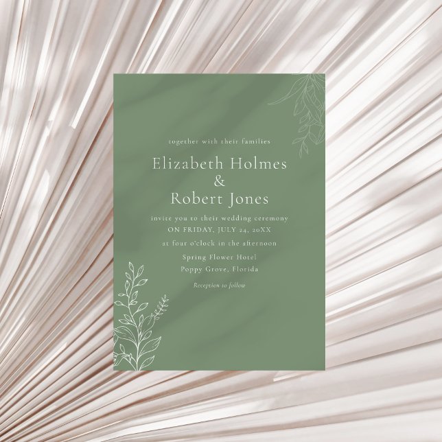 Convite de Casamento Botânico Verde Sálvia Escuro (Dark Sage Green Botanical Wedding Invitation on a neutral dry palm leaf.)