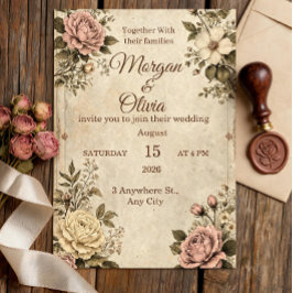 Convite de Casamento Botânico Vintage | Sepia Anti