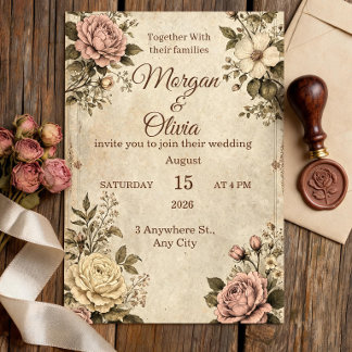 Convite de Casamento Botânico Vintage | Sepia Anti