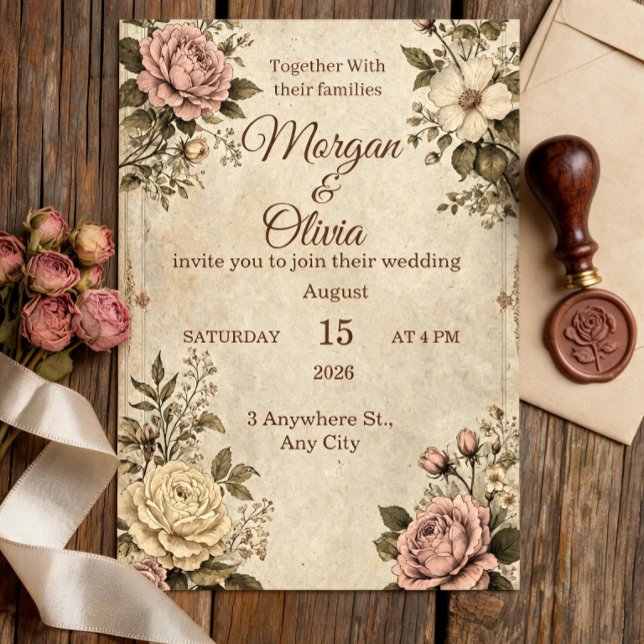 Convite de Casamento Botânico Vintage | Sepia Anti (Criador carregado)