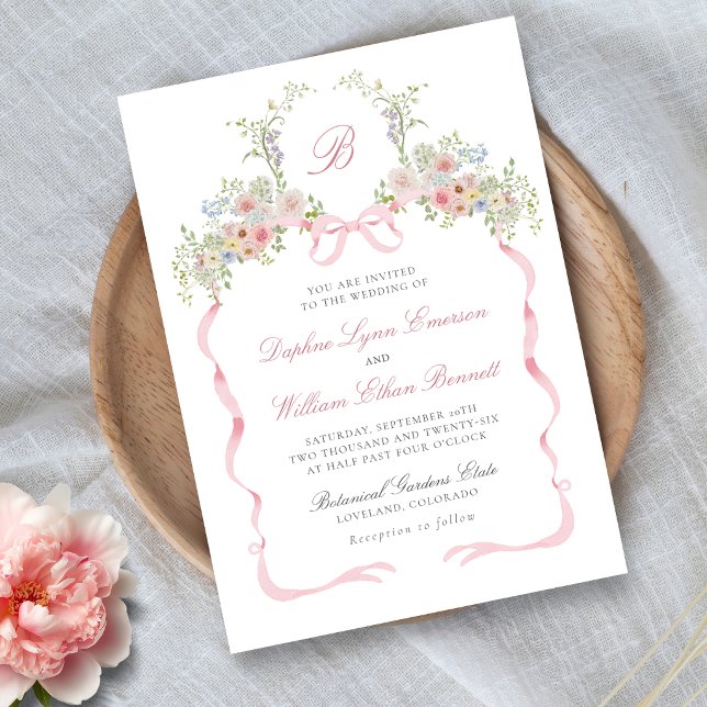 Convite de Casamento Bows and Wildflowers (Monogrammed Bows and Wildflowers Victorian Wedding Invitation
)
