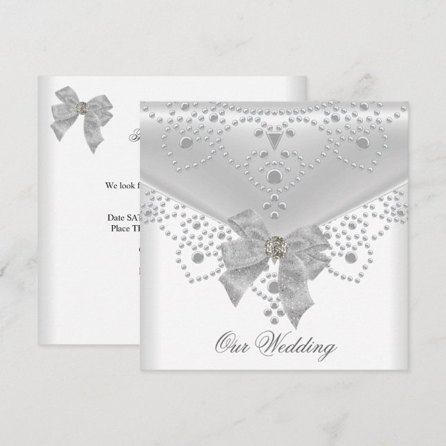 Convite de Casamento Branco Adorno de Prata com Ar (Frente/Verso)