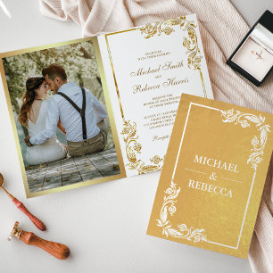 Convite de Casamento Branco com Foto Floral em Fol