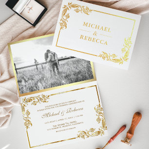 Convite de Casamento Branco com Foto Floral em Fol