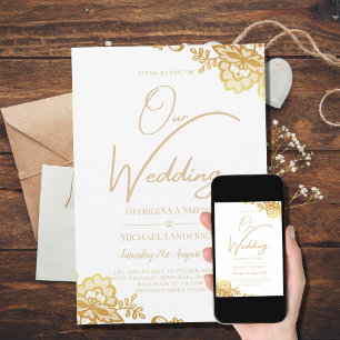 Convite de Casamento Branco com Renda Dourada Clás