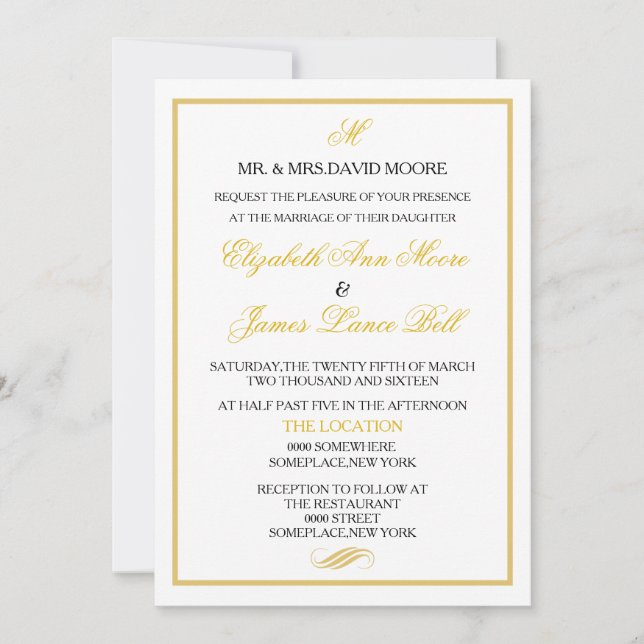 Convite de casamento| Branco Dourado (Frente)