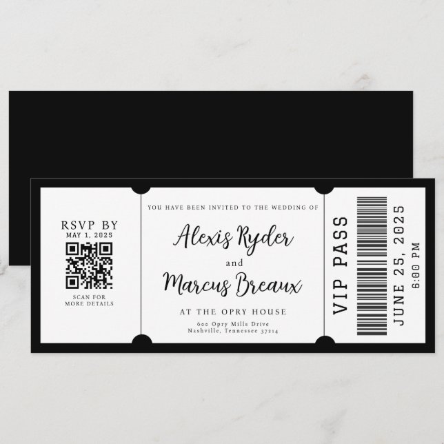 Convite de casamento branco e preto de tíquete VIP (Frente/Verso)