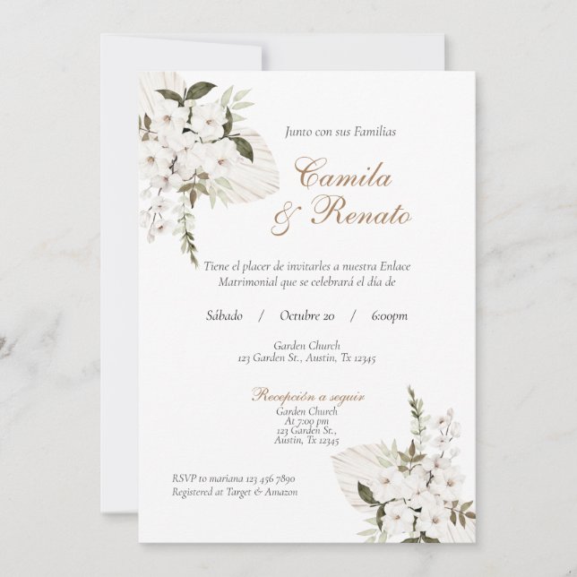 Convite de Casamento Branco Floral Espanhol (Frente)