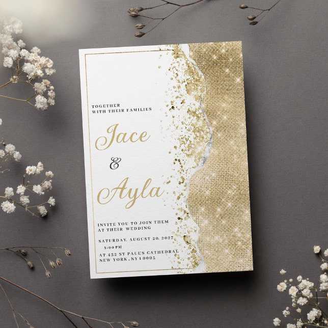 Convite de casamento branco luxuoso e sofisticado  (Classy luxury white gold glitter bokech Wedding )