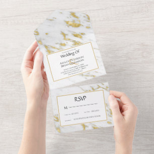 Convite de Casamento Branco Mármore Brilho Dourado