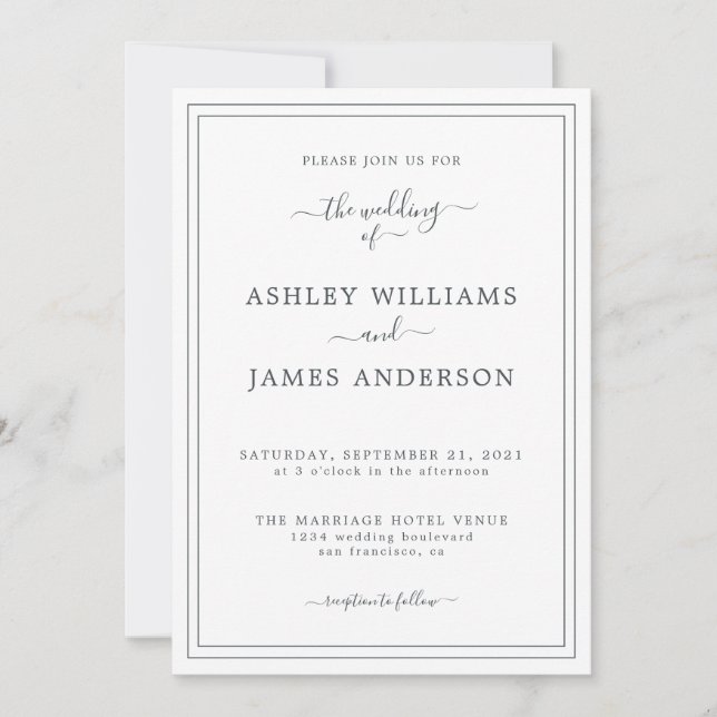 Convite de Casamento Branco Negro de Script Chic (Frente)
