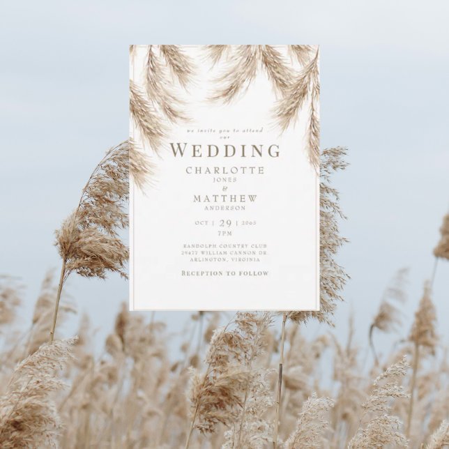 Convite de Casamento Branco Pampas Moderno (Criador carregado)