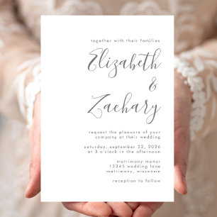Convite de Casamento Branco Script Cinza Moderno