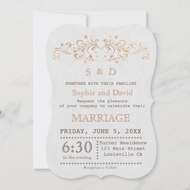 Convite de casamento Branco Suave rosa Dourado (Frente)