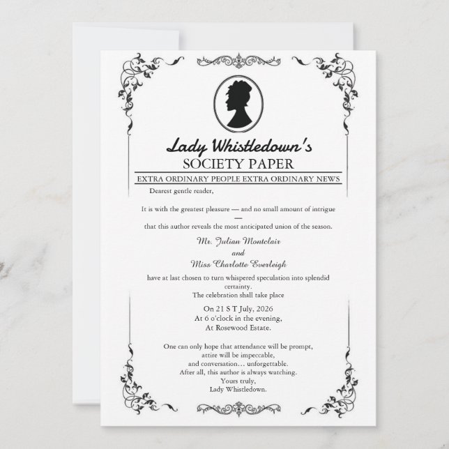Convite de Casamento Bridgerton – Estilo Regência  (Frente)