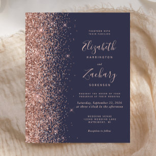 Convite de casamento brilhante Rosa Azul Dourado d