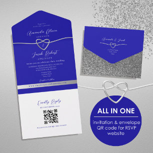 Convite de Casamento Brilho Prata Azul Real QR Cod