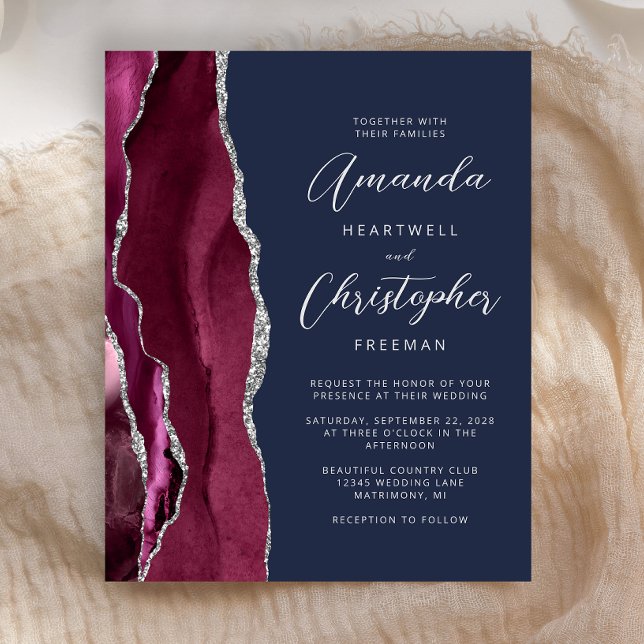 Convite de Casamento Budget Burgundy Prata Ágata A (Criador carregado)