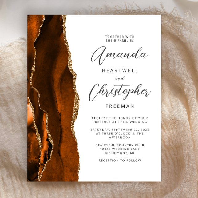 Convite de Casamento Budget Burnt Orange Gold Ágat (Criador carregado)