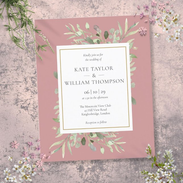 Convite de Casamento Budget Dusty Rose Greenery (Budget Dusty Rose Greenery Wedding Invitation)