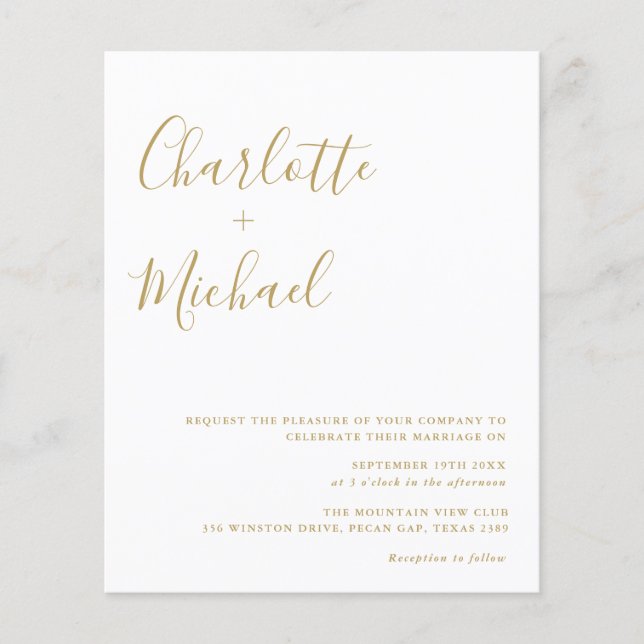 Convite de Casamento Budget Gold Signature Script (Frente)